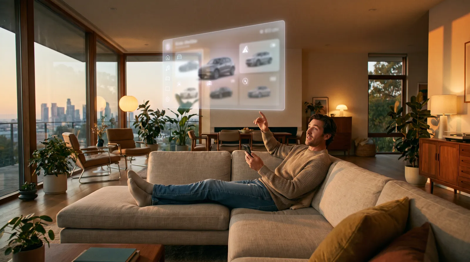 A man on a couch asking an AI assistant on his phone to shop for a pickup truck