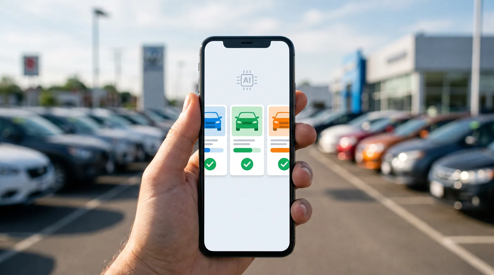A phone showing an AI agent comparing three vehicle offers in front of a dealership lot