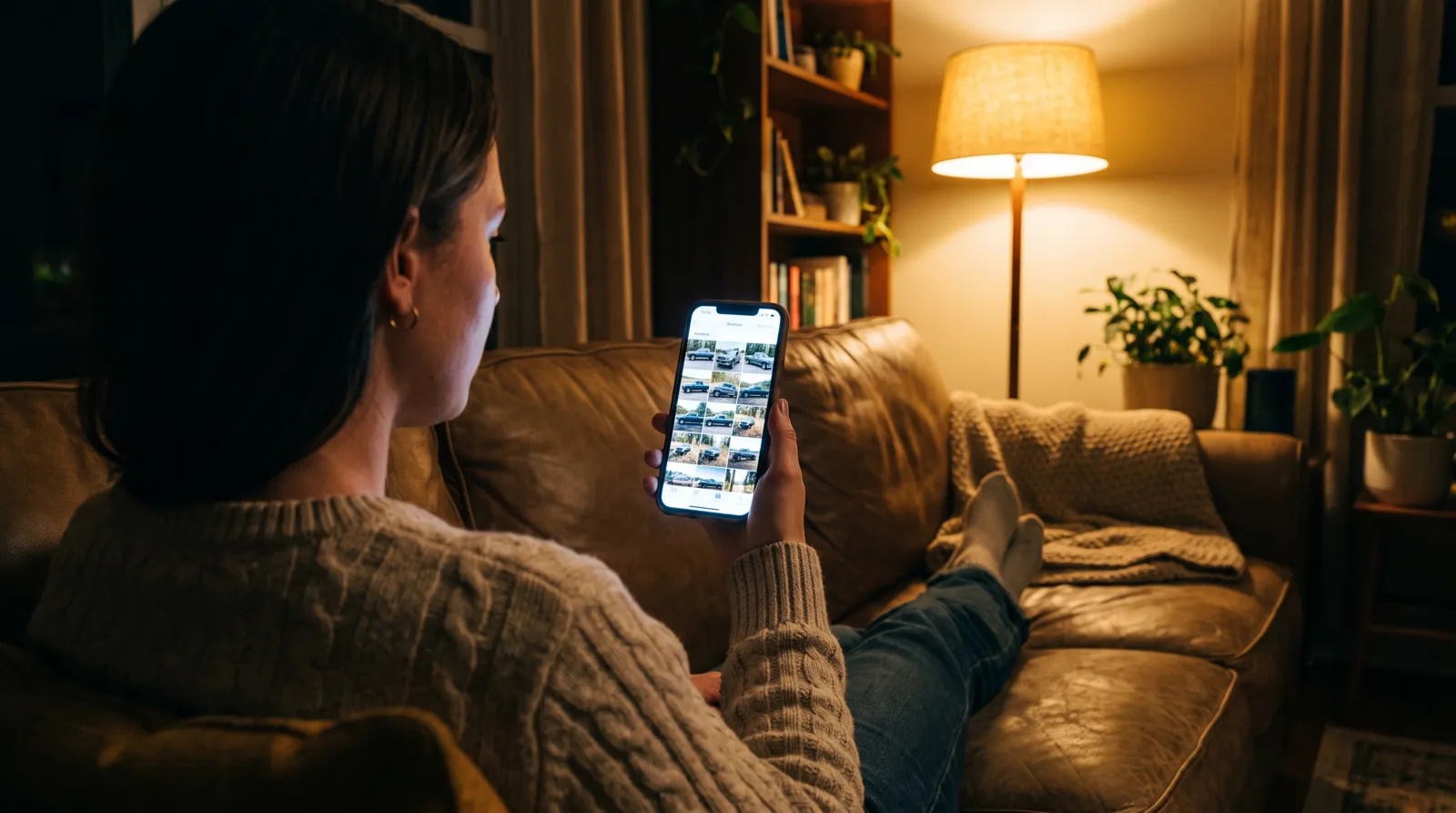 A shopper on a couch at night swiping through vehicle photos on a phone
