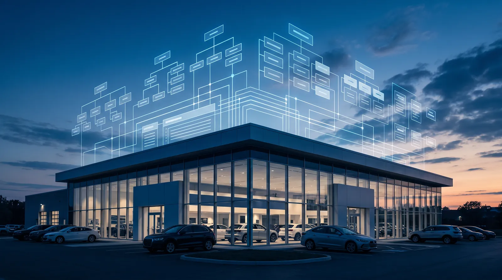 A dealership at dusk with a blueprint overlay of website architecture above it