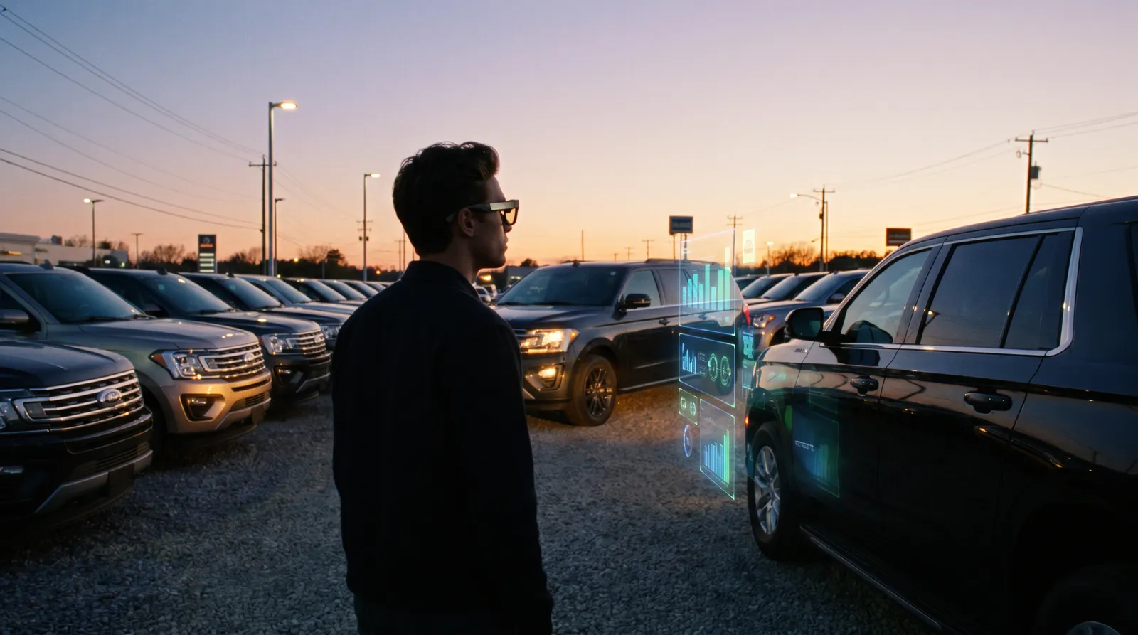 A shopper wearing smart glasses on a dealership lot at dusk while digital overlays compare vehicles