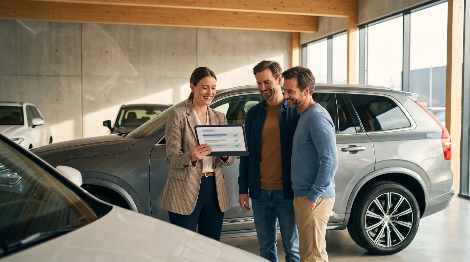 A salesperson reviewing matched preferences on a tablet with a couple beside an SUV