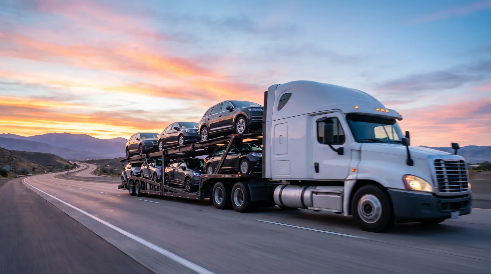 An unbranded car transport hauler loaded with vehicles on a highway at sunrise