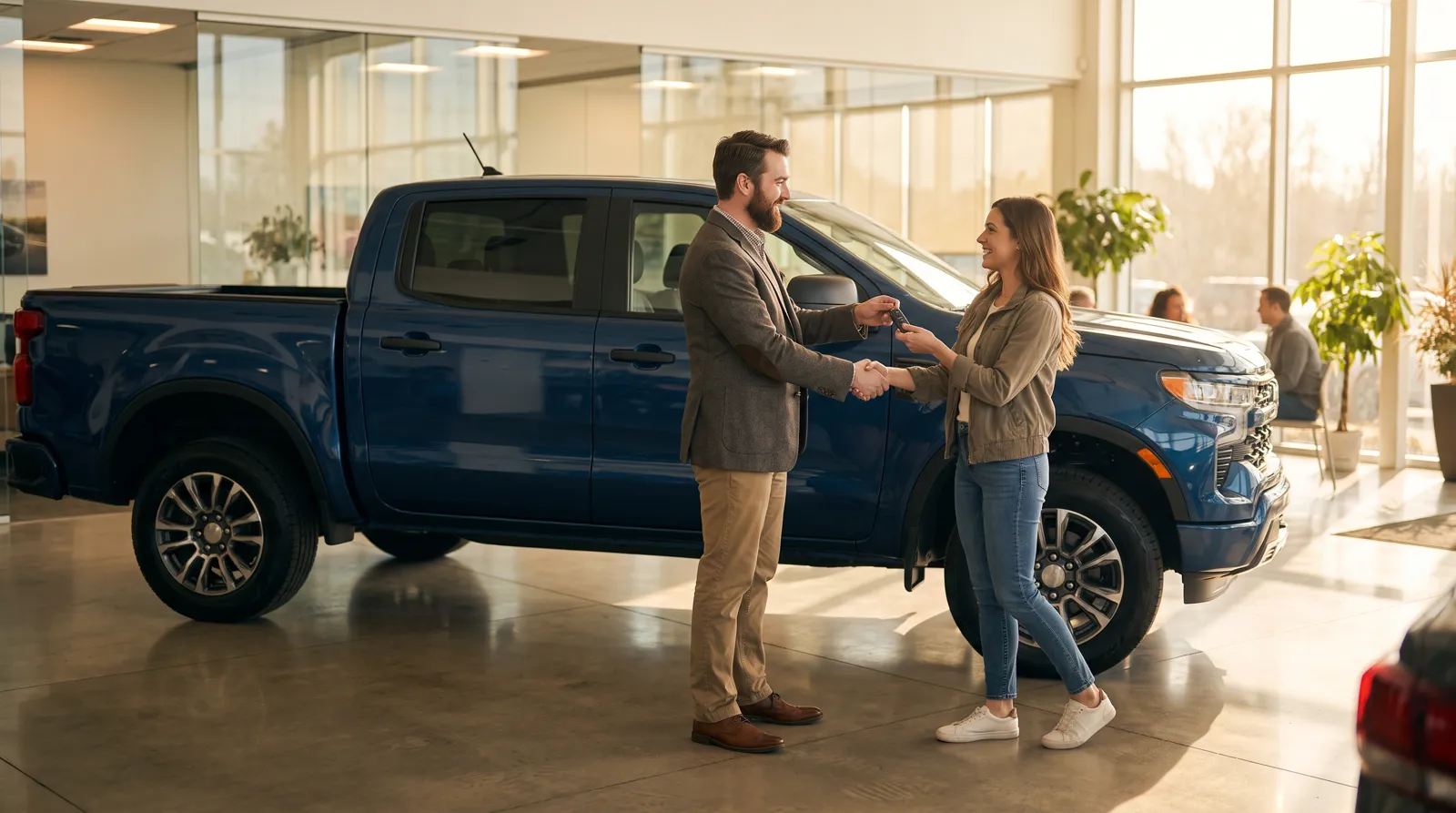 A salesperson handing keys to a smiling customer beside a blue pickup in a showroom