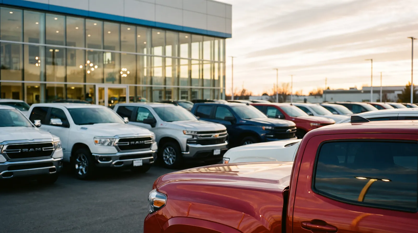 A row of freshly detailed trucks and SUVs on a dealership lot at golden hour