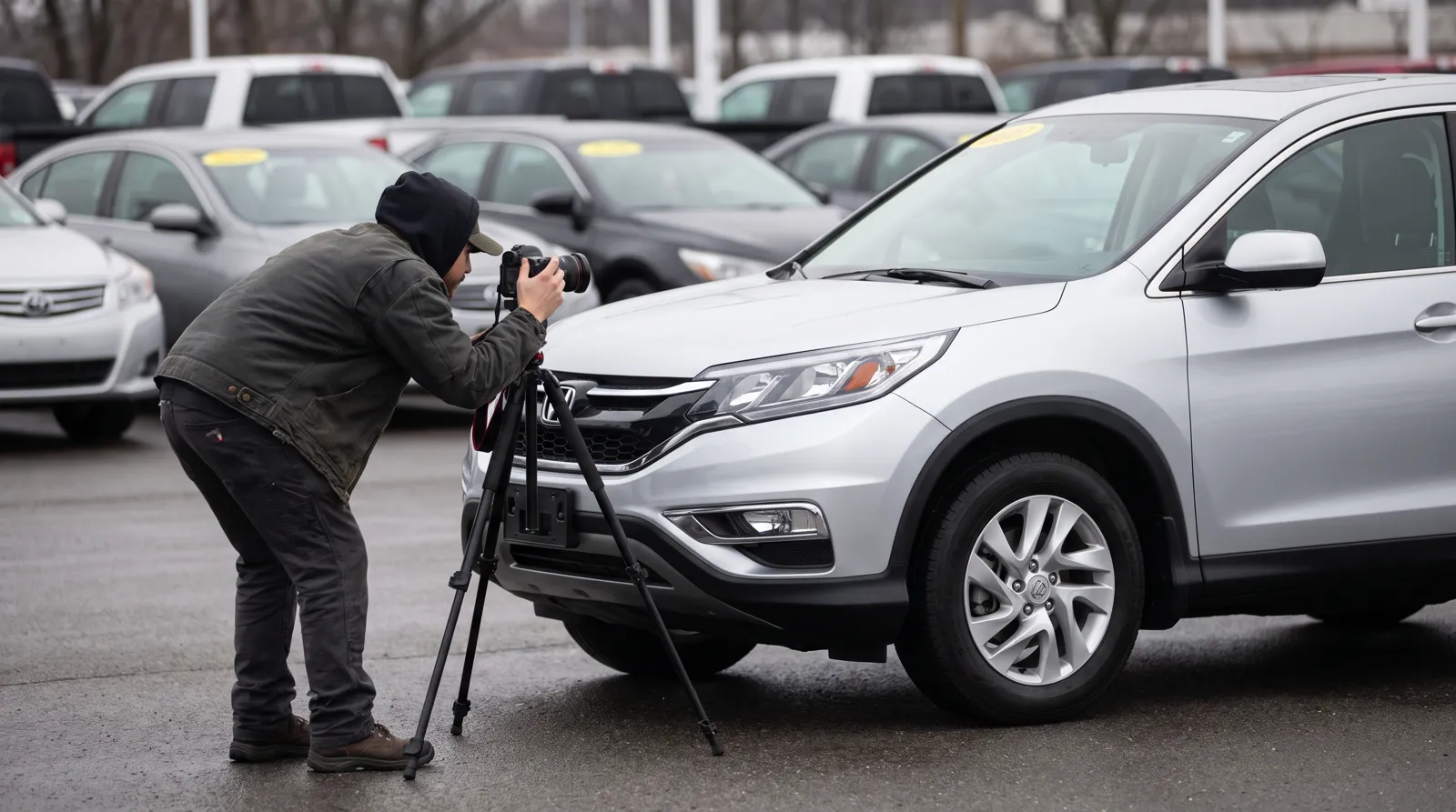 A lot porter photographing a silver SUV with a camera on a tripod