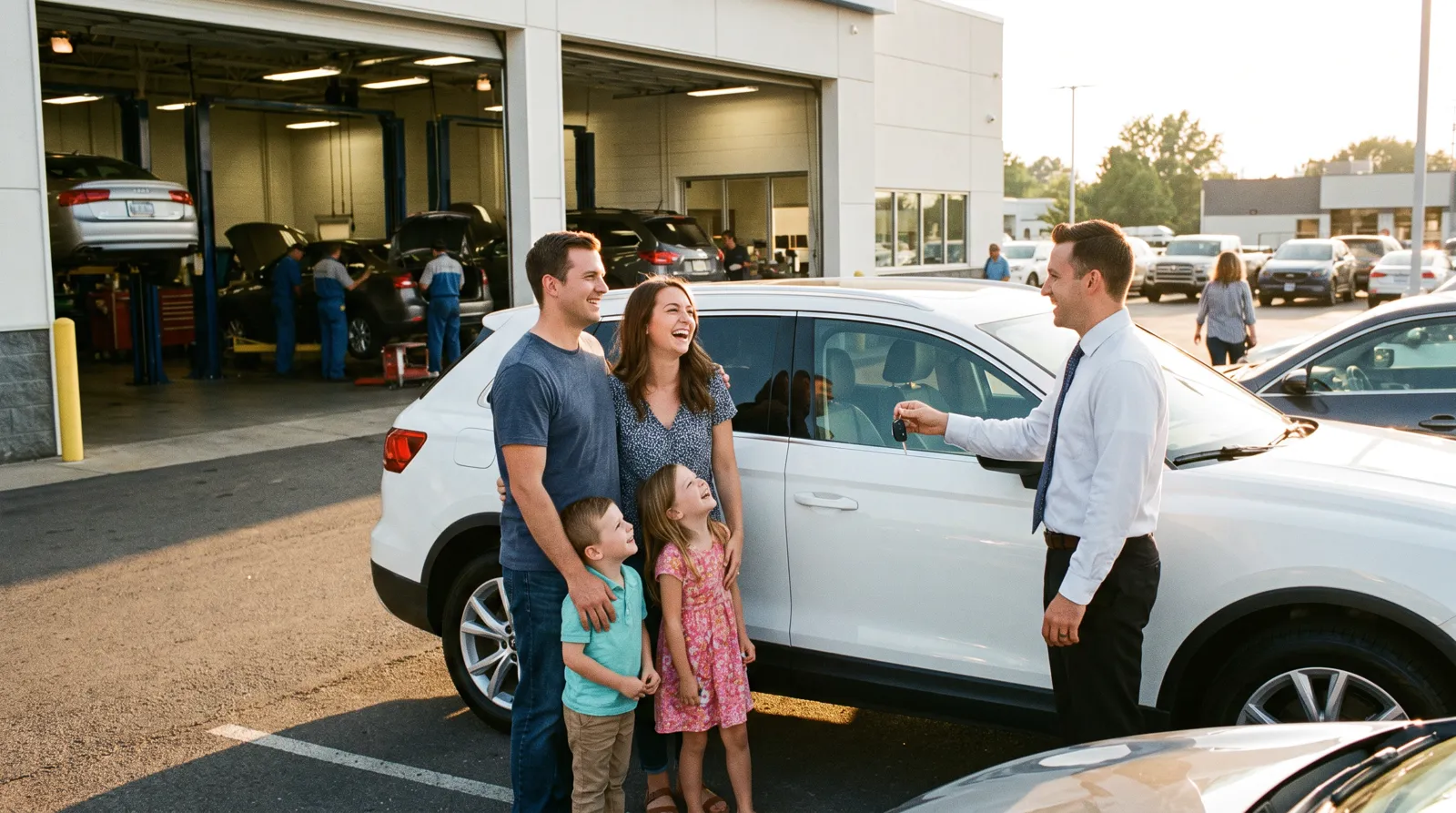 A family receiving keys to an SUV outside a local dealership with the service bay behind them