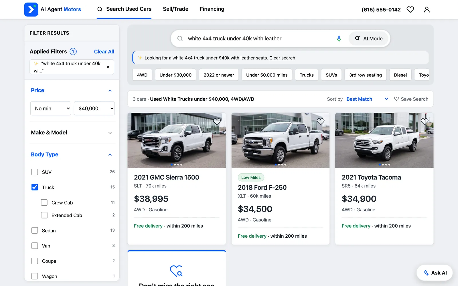 AI search on the AI Agent Motors demo store turning a plain-English request into matching vehicles