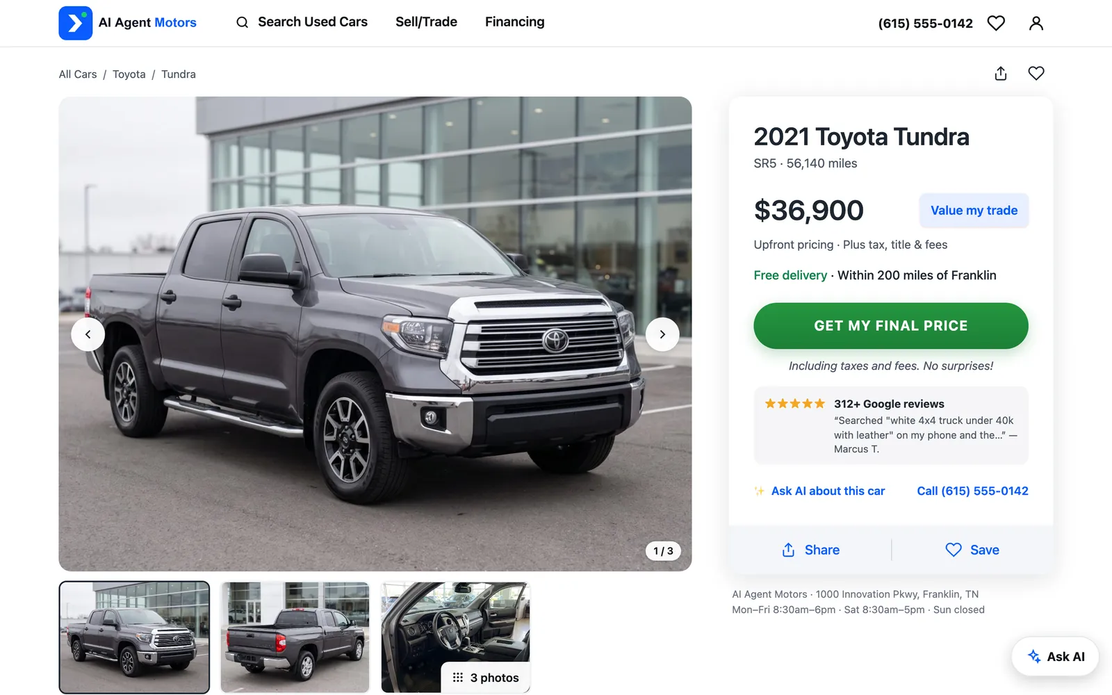 Vehicle detail page on the AI Agent Motors demo store showing photos, price and an Ask AI button